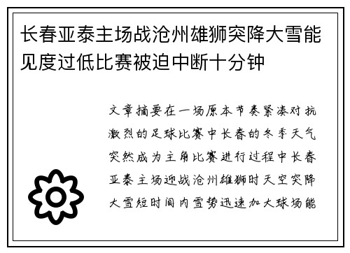 长春亚泰主场战沧州雄狮突降大雪能见度过低比赛被迫中断十分钟 长春亚泰主场战沧州雄狮突降大雪能见度过低比赛被迫中断十分钟